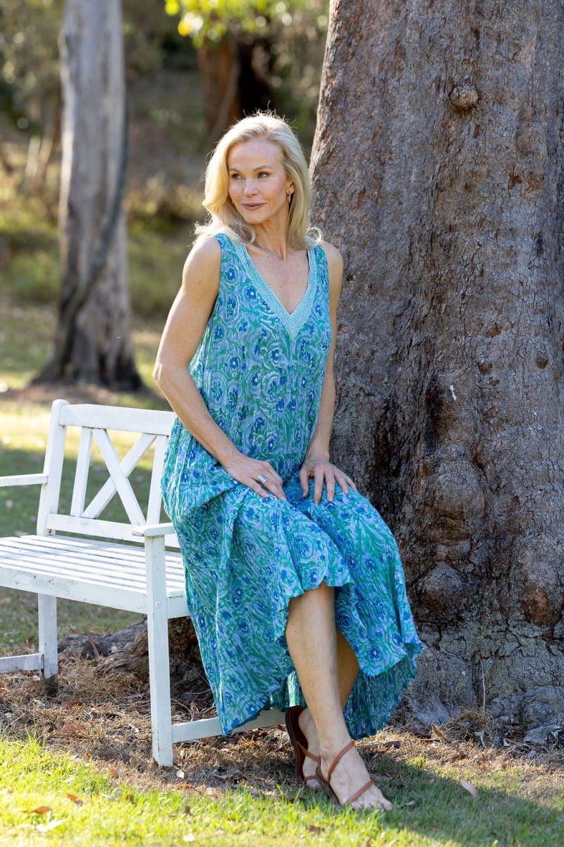 Womens, midi, Mevlana Dress, sleeveless, 100% Cotton, hand block print. Soft Oceanic Blue - Amara