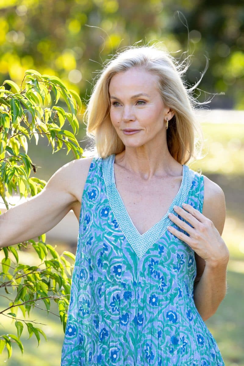 Womens, midi, Mevlana Dress, sleeveless, 100% Cotton, hand block print. Soft Oceanic Blue - Amara