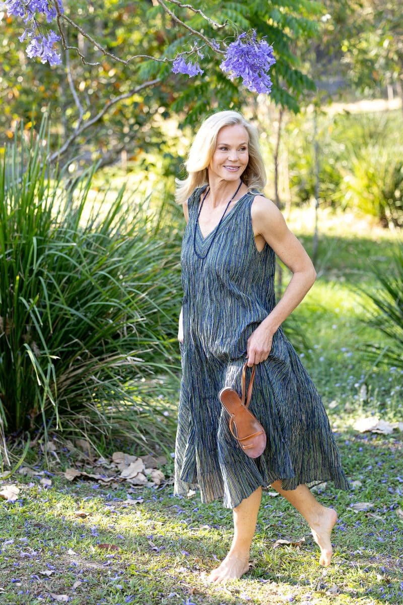 Womens, midi, Mevlana Dress, sleeveless, 100% Cotton, hand block print. Blue | Green - Viridis