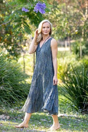 Womens, midi, Mevlana Dress, sleeveless, 100% Cotton, hand block print. Blue | Green - Viridis