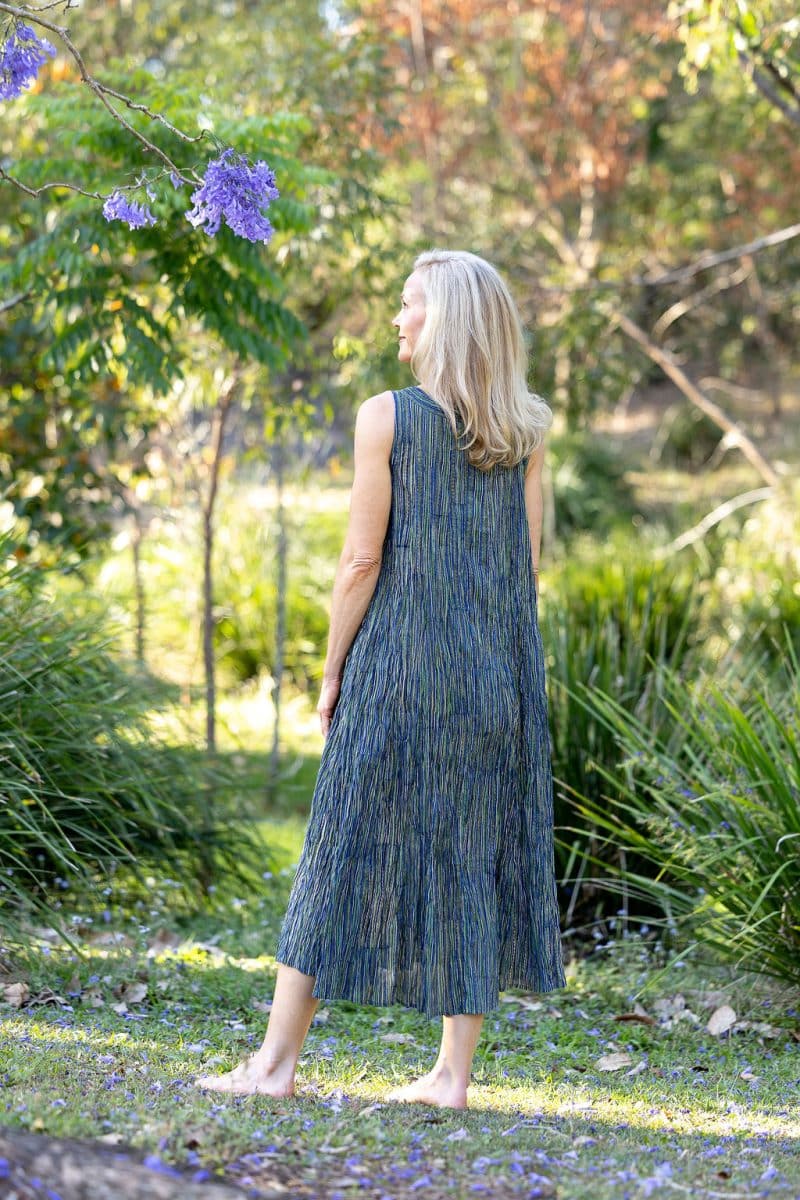 Womens, midi, Mevlana Dress, sleeveless, 100% Cotton, hand block print. Blue | Green - Viridis