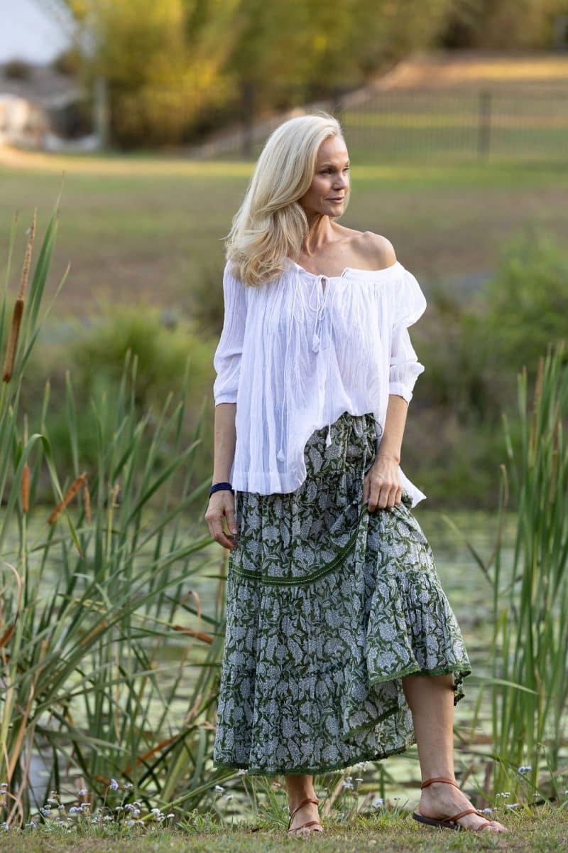 Womens, Ainsley Skirt. 100% cotton, hand block print. Green Floral - Elowen - Heirloom Collection. Dove Blouse - White