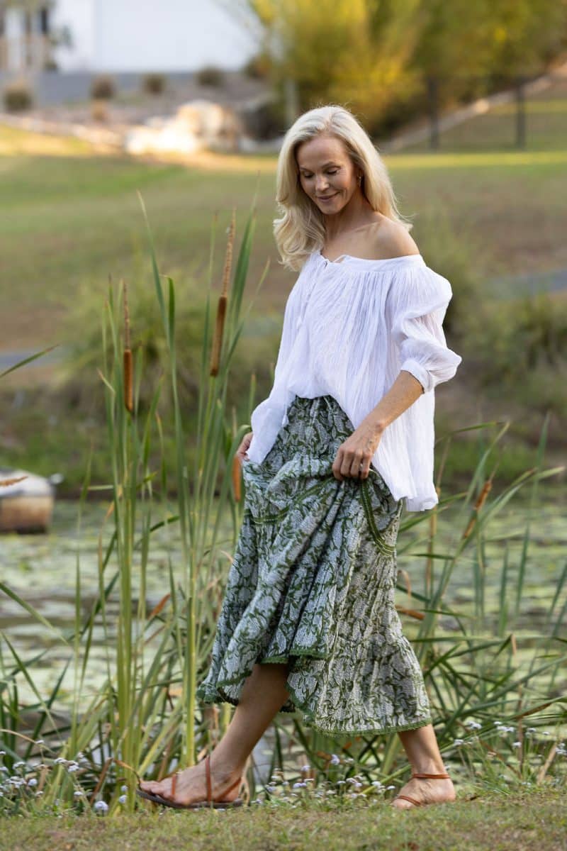 Womens, Ainsley Skirt. 100% cotton, hand block print. Green Floral - Elowen - Heirloom Collection. Dove Blouse - White