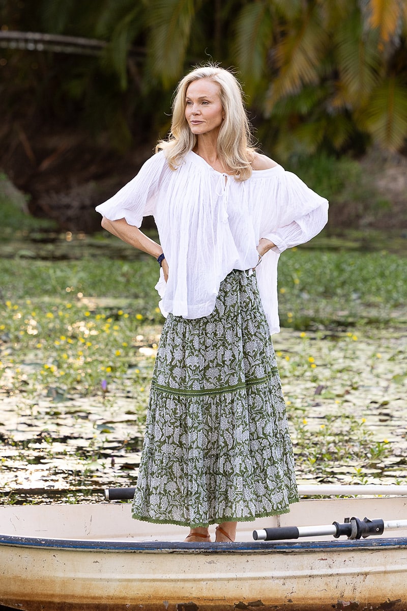 Womens, Ainsley Skirt. 100% cotton, hand block print. Green Floral - Elowen - Heirloom Collection. Dove Blouse - White