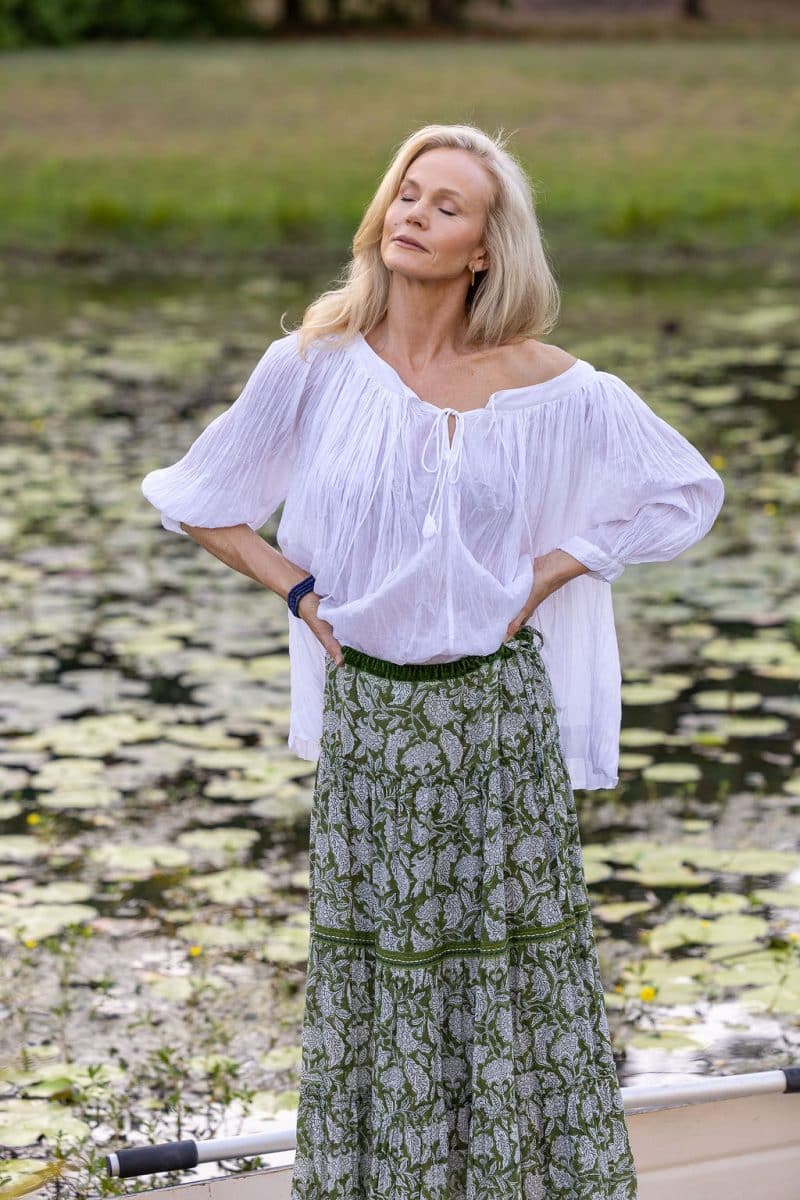 Womens, Ainsley Skirt. 100% cotton, hand block print. Green Floral - Elowen - Heirloom Collection. Dove Blouse - White