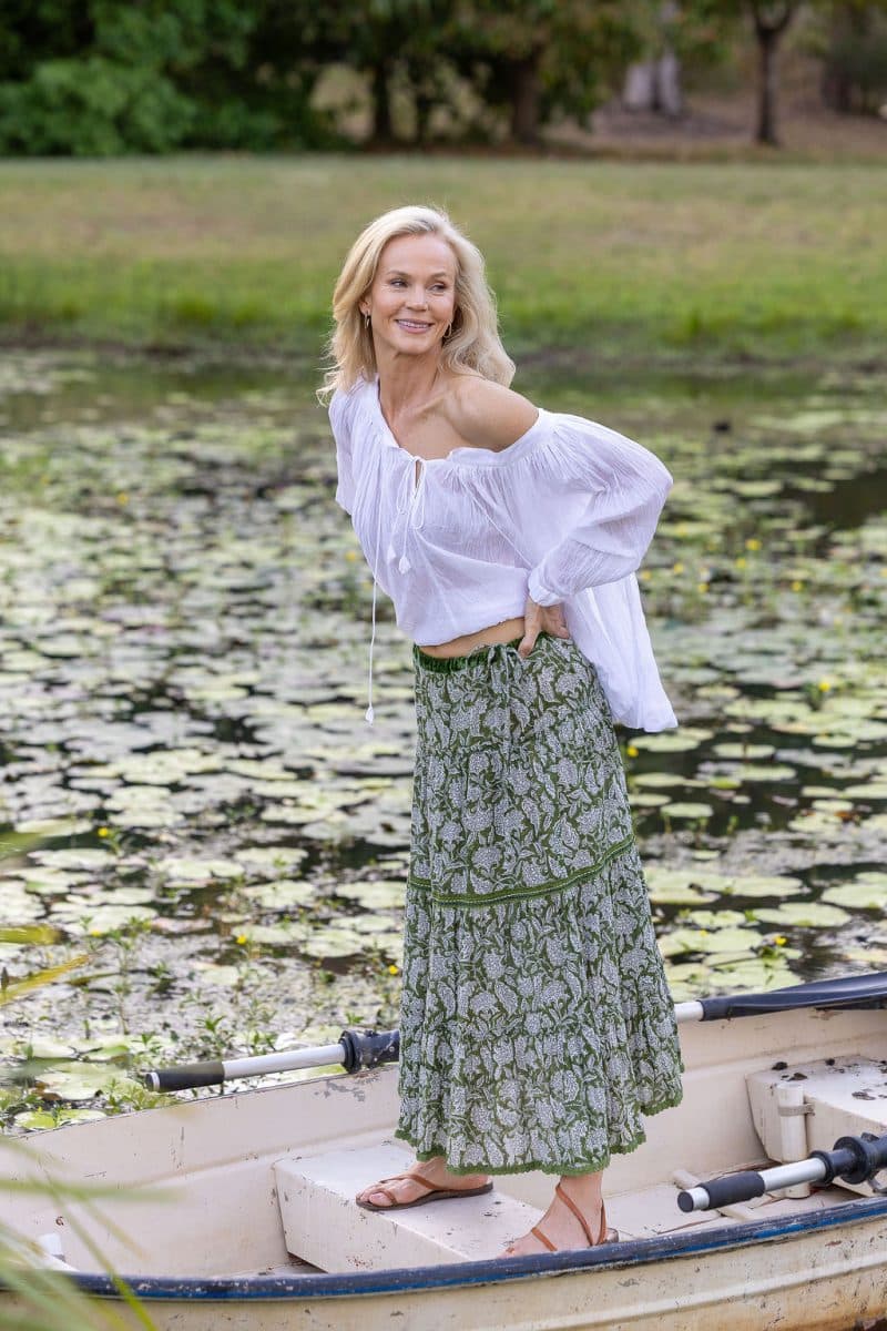 Womens, Ainsley Skirt. 100% cotton, hand block print. Green Floral - Elowen - Heirloom Collection. Dove Blouse - White