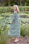 Womens, midi, Clementine dress, 100% Cotton, hand block print. Green Floral - Elowen - Heirloom Collection