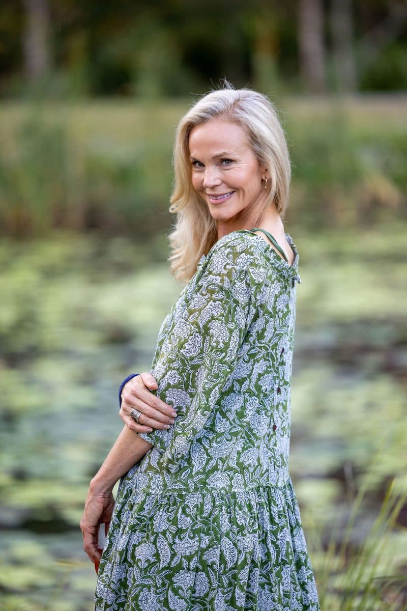 Womens, midi, Clementine dress, 100% Cotton, hand block print. Green Floral - Elowen - Heirloom Collection