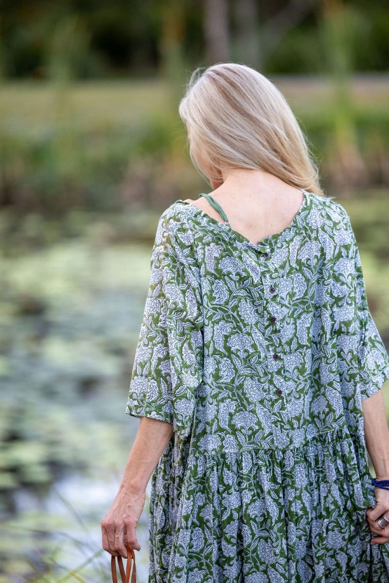 Womens, midi, Clementine dress, 100% Cotton, hand block print. Green Floral - Elowen - Heirloom Collection