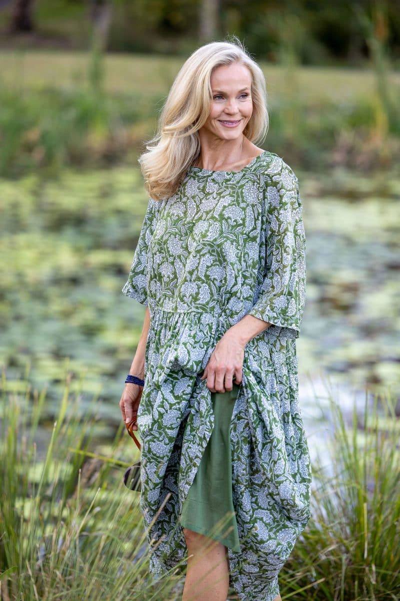 Womens, midi, Clementine dress, 100% Cotton, hand block print. Green Floral - Elowen - Heirloom Collection