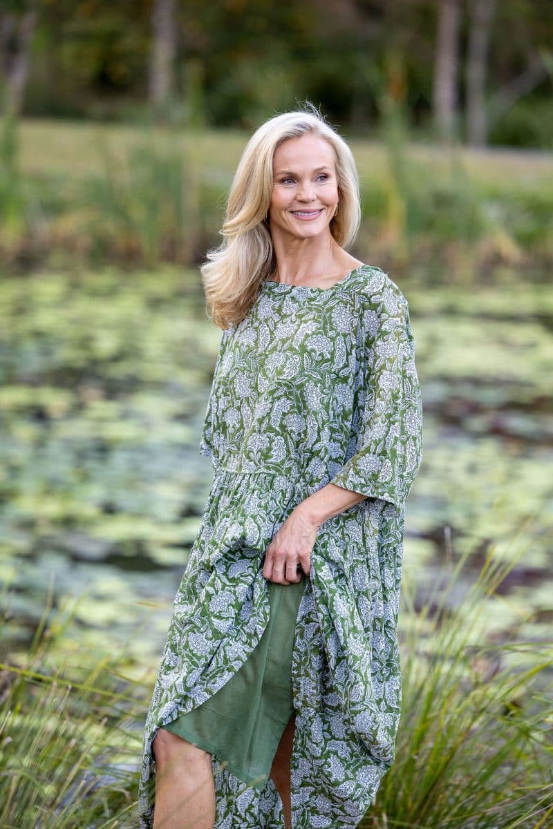 Womens, midi, Clementine dress, 100% Cotton, hand block print. Green Floral - Elowen - Heirloom Collection