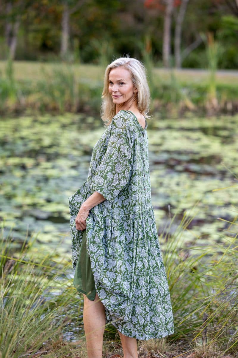 Womens, midi, Clementine dress, 100% Cotton, hand block print. Green Floral - Elowen - Heirloom Collection
