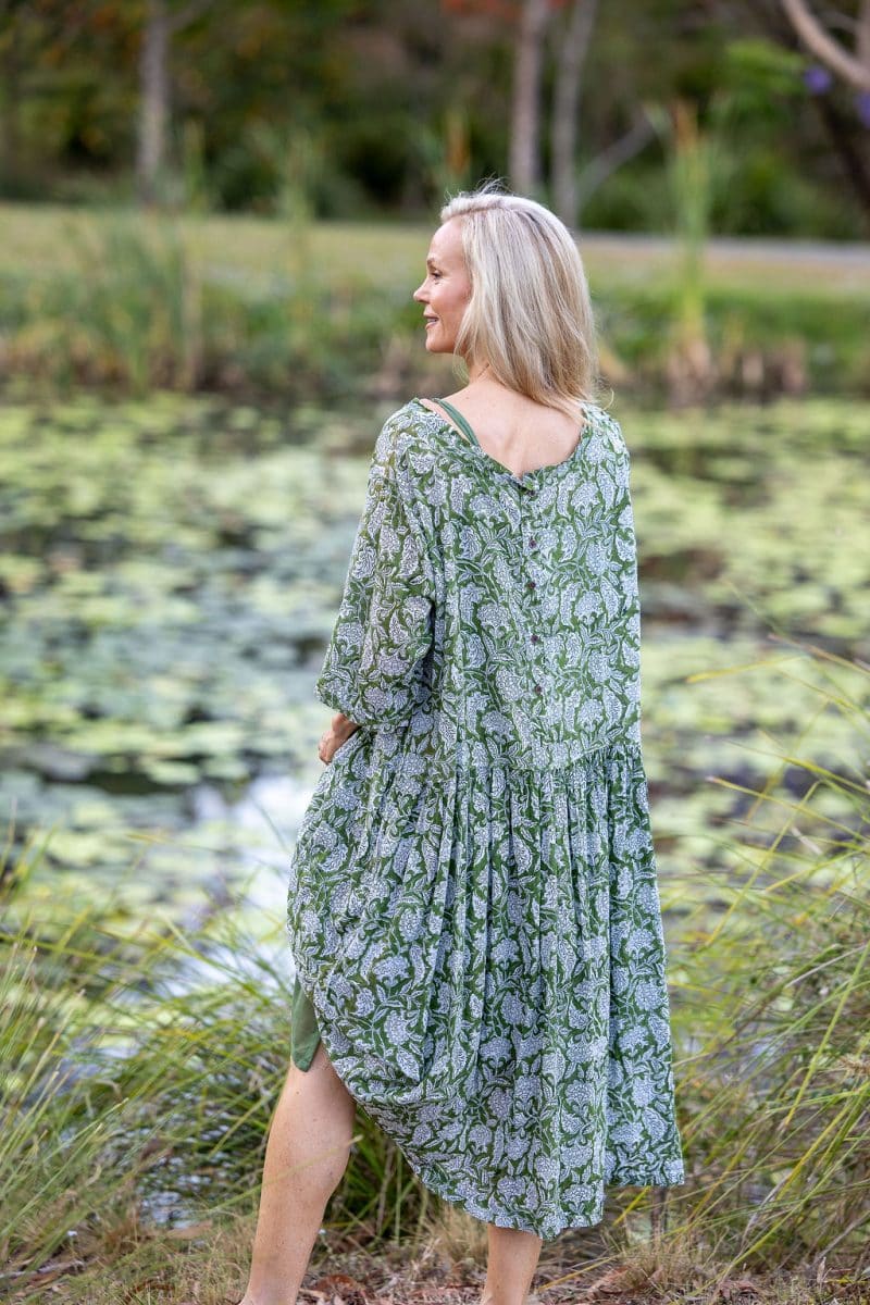 Womens, midi, Clementine dress, 100% Cotton, hand block print. Green Floral - Elowen - Heirloom Collection