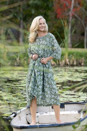 Womens, midi, Clementine dress, 100% Cotton, hand block print. Green Floral - Elowen - Heirloom Collection