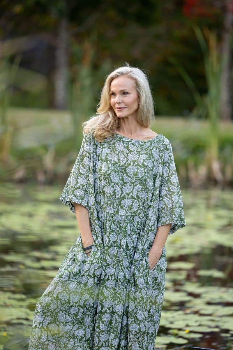 Womens, midi, Clementine dress, 100% Cotton, hand block print. Green Floral - Elowen - Heirloom Collection