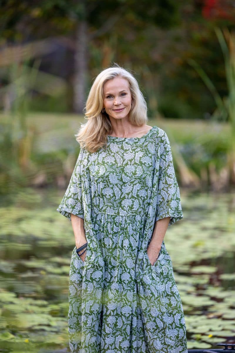 Womens, midi, Clementine dress, 100% Cotton, hand block print. Green Floral - Elowen - Heirloom Collection