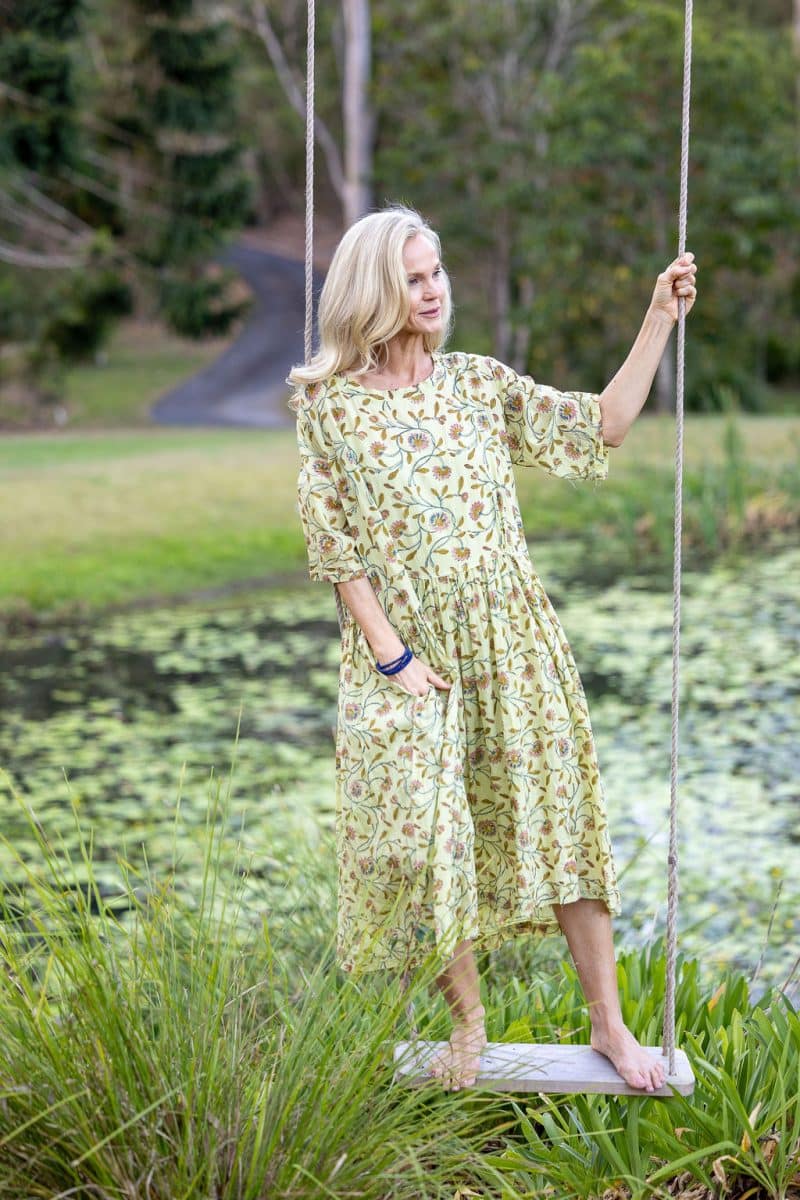 Womens, midi, Clementine Dress, 100% Cotton, hand block print. Vintage floral - Florin - Heirloom Collection