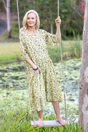 Womens, midi, Clementine Dress, 100% Cotton, hand block print. Vintage floral - Florin - Heirloom Collection