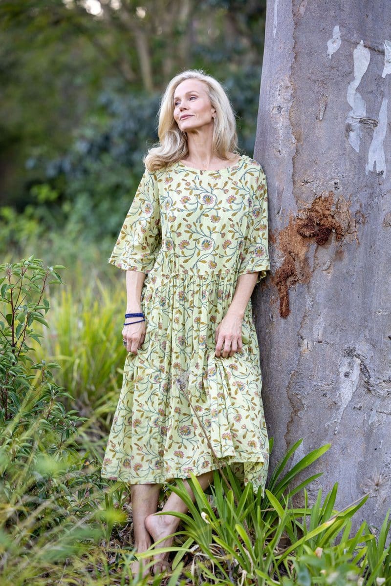 Womens, midi, Clementine Dress, 100% Cotton, hand block print. Vintage floral - Florin - Heirloom Collection