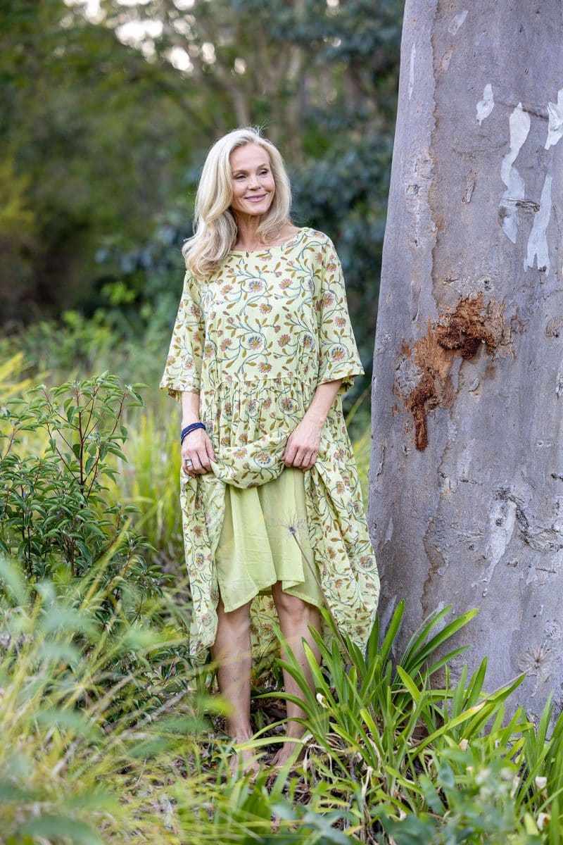 Womens, midi, Clementine Dress, 100% Cotton, hand block print. Vintage floral - Florin - Heirloom Collection