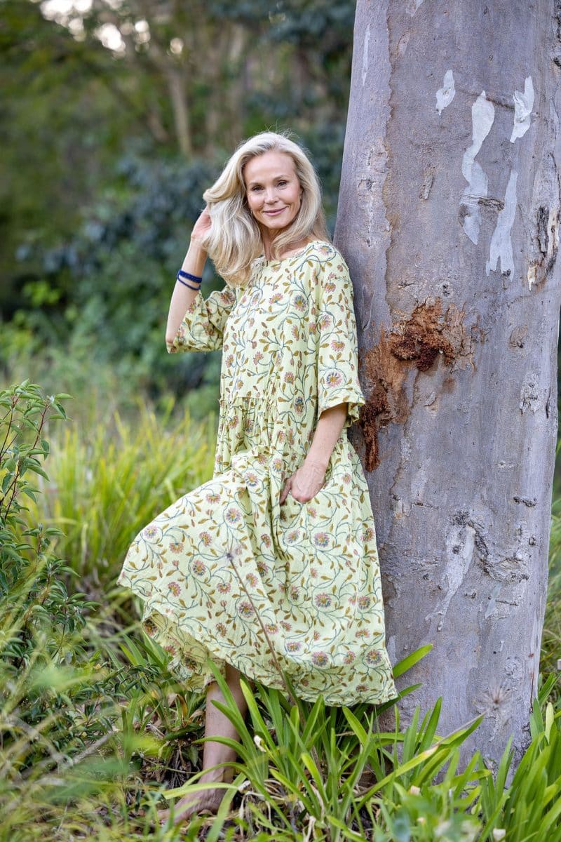 Womens, midi, Clementine Dress, 100% Cotton, hand block print. Vintage floral - Florin - Heirloom Collection