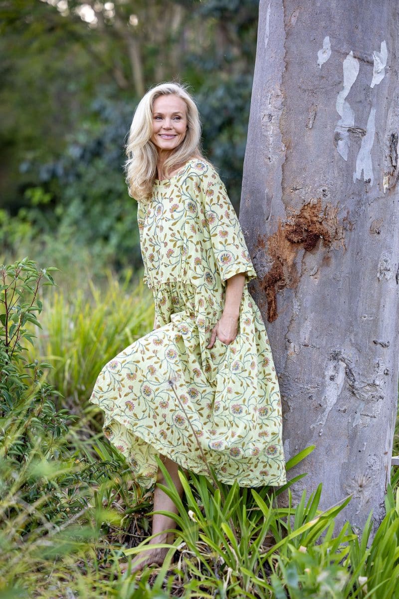 Womens, midi, Clementine Dress, 100% Cotton, hand block print. Vintage floral - Florin - Heirloom Collection