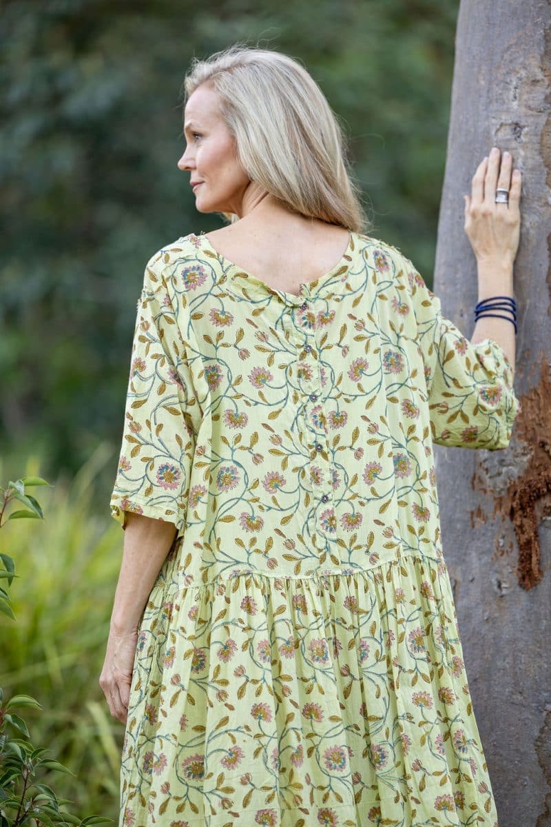 Womens, midi, Clementine Dress, 100% Cotton, hand block print. Vintage floral - Florin - Heirloom Collection