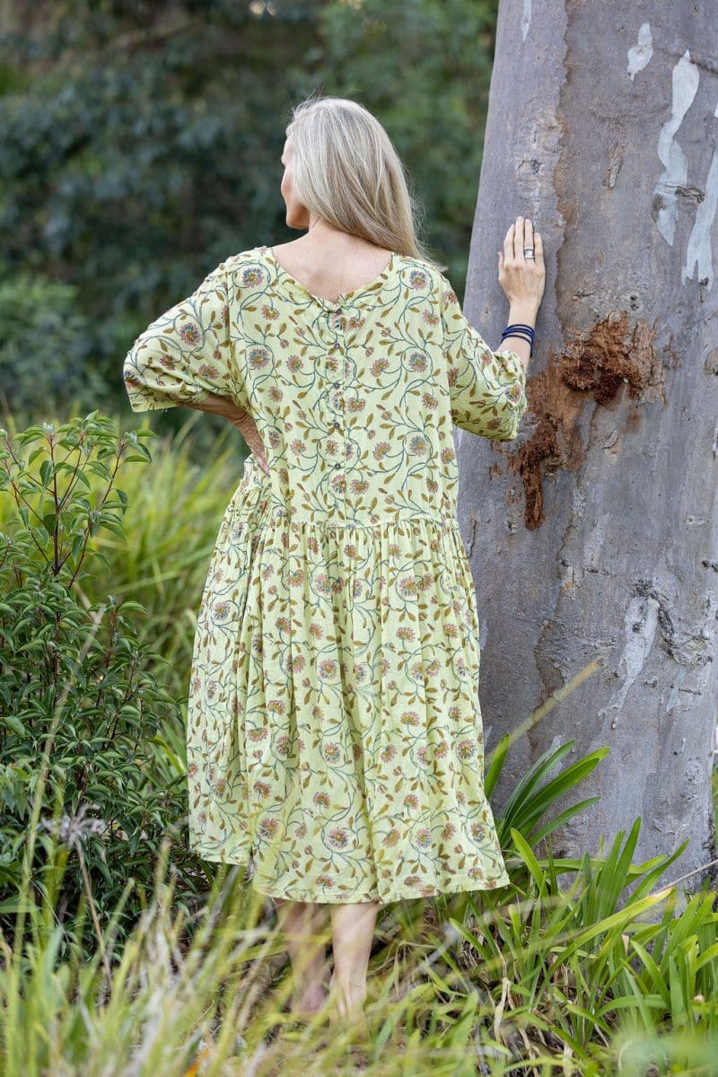 Womens, midi, Clementine Dress, 100% Cotton, hand block print. Vintage floral - Florin - Heirloom Collection