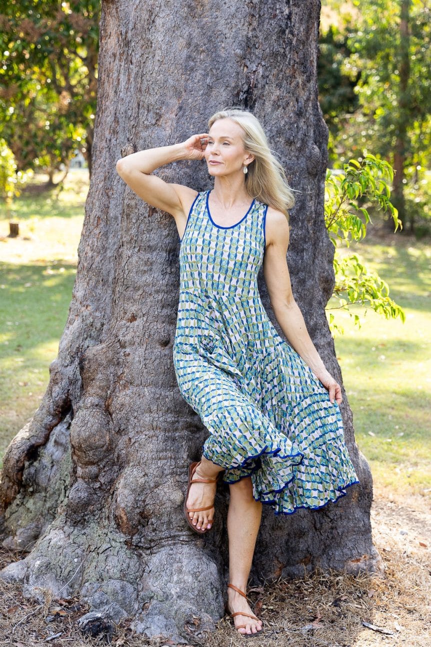 Womens, midi, Flamenco Dress, sleeveless, 100% Cotton, hand block print. Soft geometry - Liora