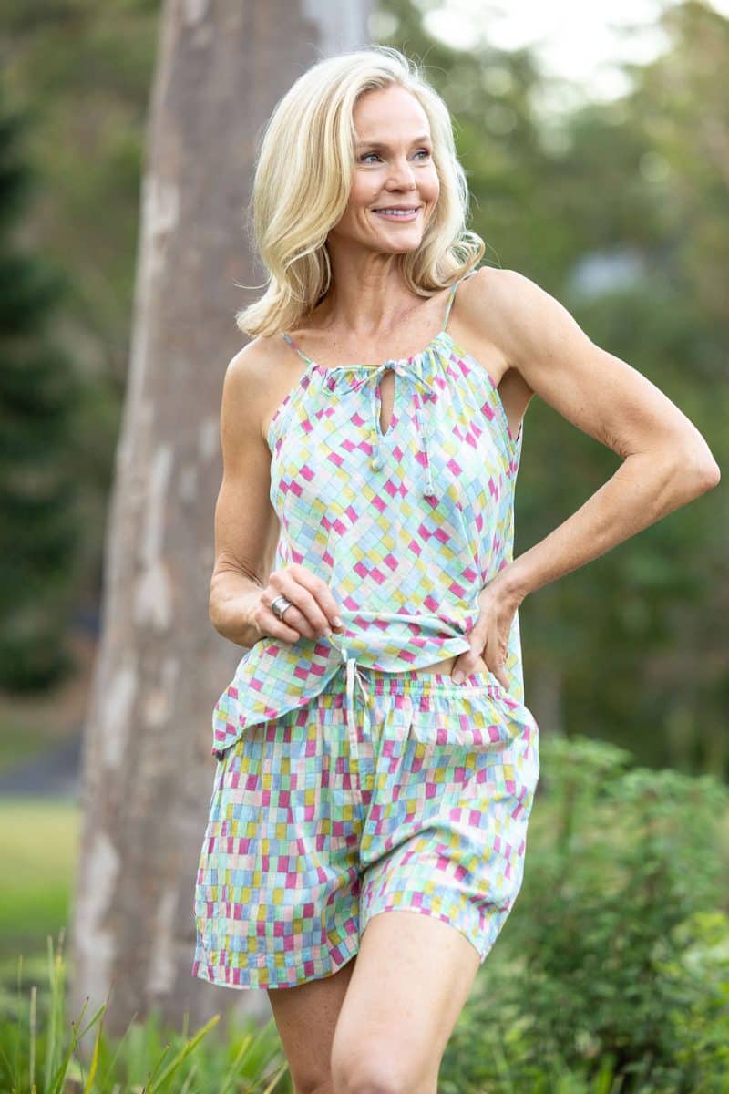 Womens,Luma Set, Shorts and Top. 100% cotton, hand block print. In cool soft Sorbetto print.