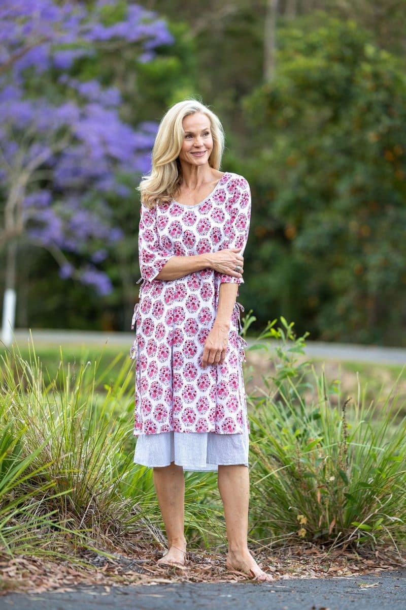 Womens, midi, Alakiki dress, sleeves, 100% Cotton, hand block print. In pink floral Parisa print.