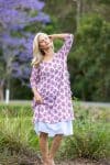 Womens, midi, Alakiki dress, sleeves, 100% Cotton, hand block print. In pink floral Parisa print.