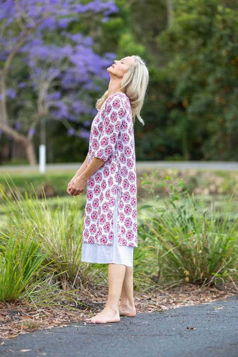Womens, midi, Alakiki dress, sleeves, 100% Cotton, hand block print. In pink floral Parisa print.