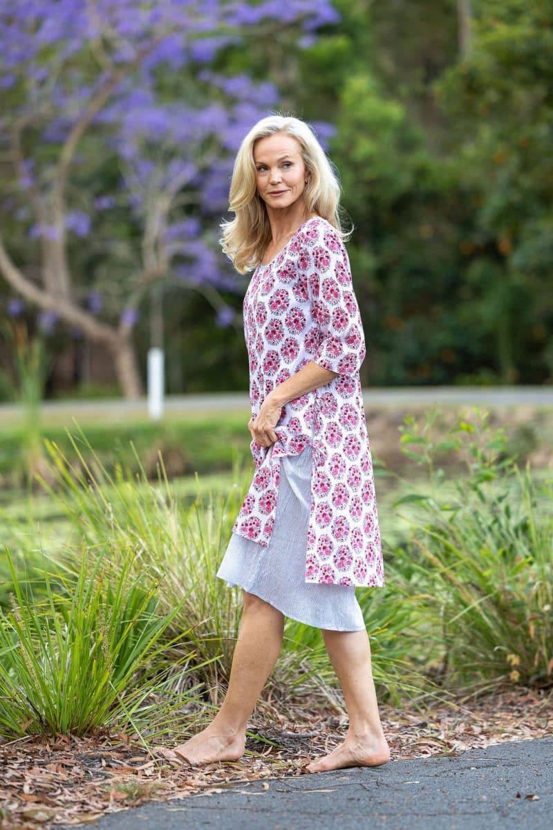 Womens, midi, Alakiki dress, sleeves, 100% Cotton, hand block print. In pink floral Parisa print.