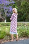 Womens, midi, Alakiki dress, sleeves, 100% Cotton, hand block print. In pink floral Parisa print.