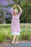Womens, midi, Alakiki dress, sleeves, 100% Cotton, hand block print. In pink floral Parisa print.