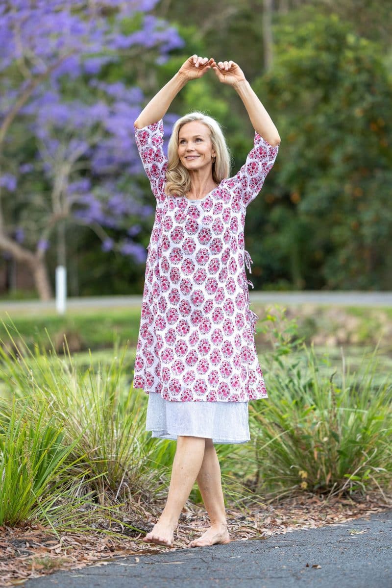 Womens, midi, Alakiki dress, sleeves, 100% Cotton, hand block print. In pink floral Parisa print.