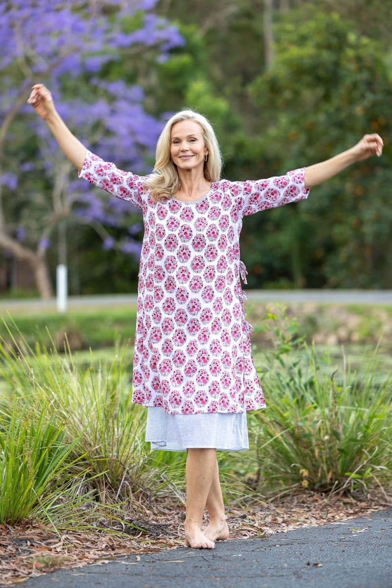 Womens, midi, Alakiki dress, sleeves, 100% Cotton, hand block print. In pink floral Parisa print.