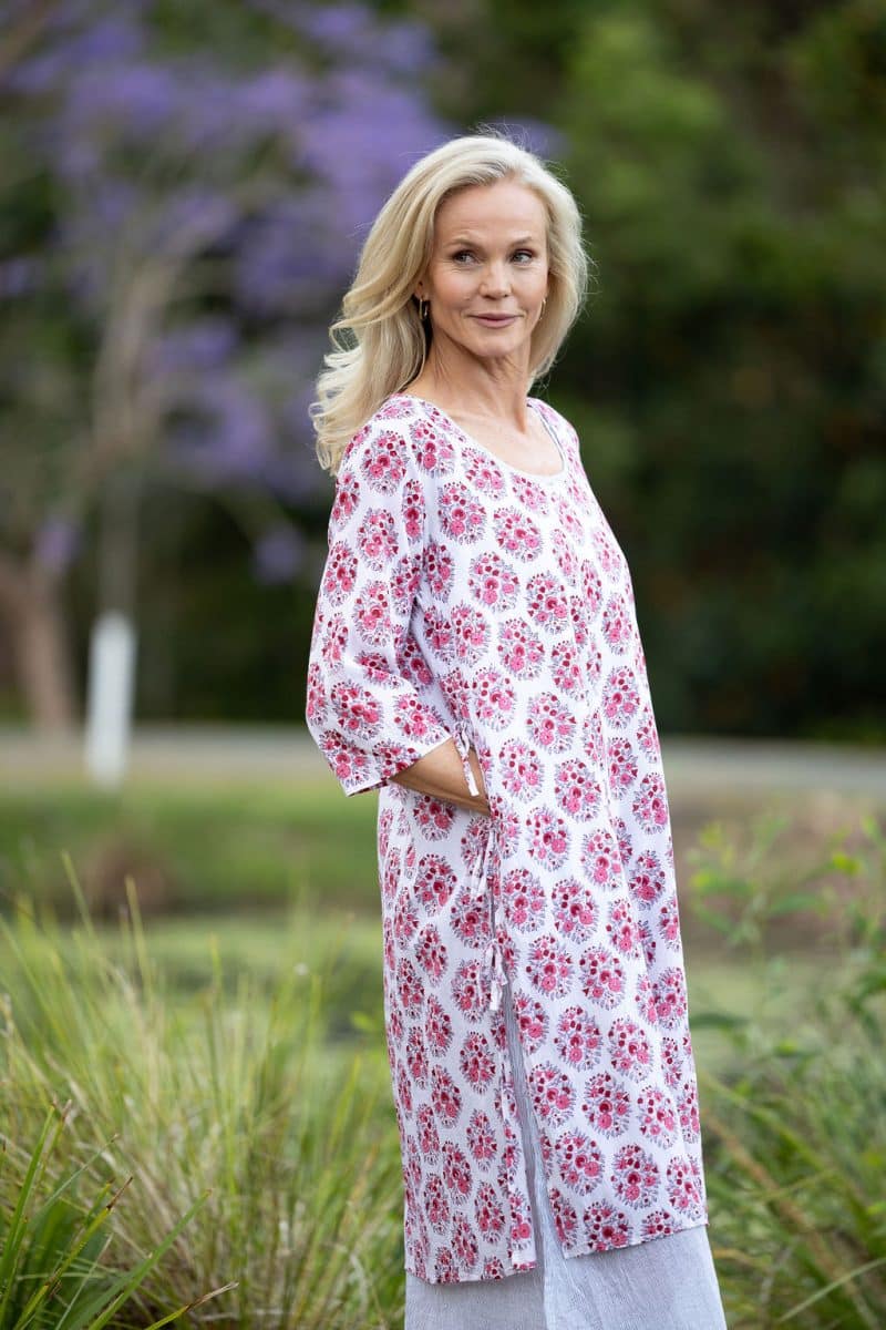 Womens, midi, Alakiki dress, sleeves, 100% Cotton, hand block print. In pink floral Parisa print.