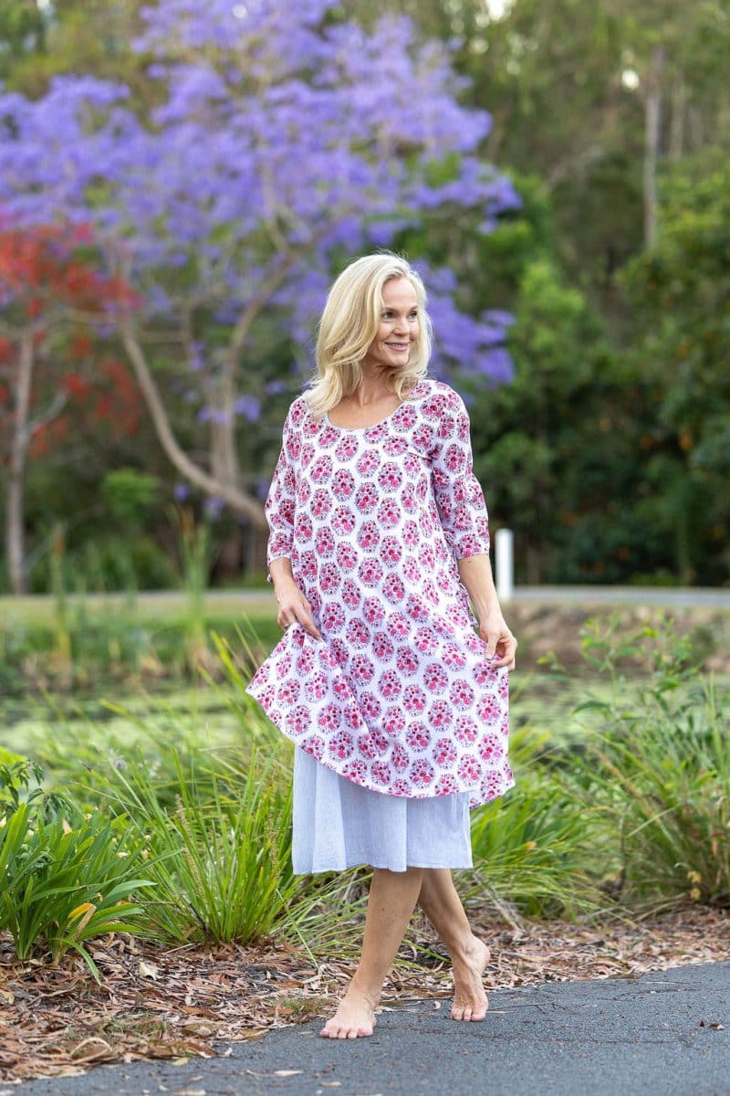 Womens, midi, Alakiki dress, sleeves, 100% Cotton, hand block print. In pink floral Parisa print.