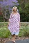 Womens, midi, Alakiki dress, sleeves, 100% Cotton, hand block print. In pink floral Parisa print.