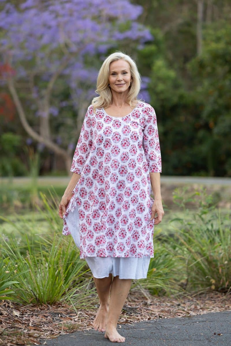 Womens, midi, Alakiki dress, sleeves, 100% Cotton, hand block print. In pink floral Parisa print.