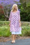Womens, midi, Alakiki dress, sleeves, 100% Cotton, hand block print. In pink floral Parisa print.
