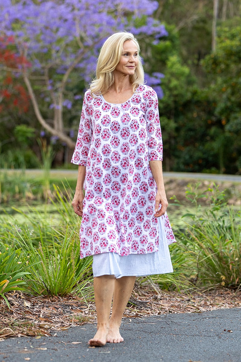 Womens, midi, Alakiki dress, sleeves, 100% Cotton, hand block print. In pink floral Parisa print.