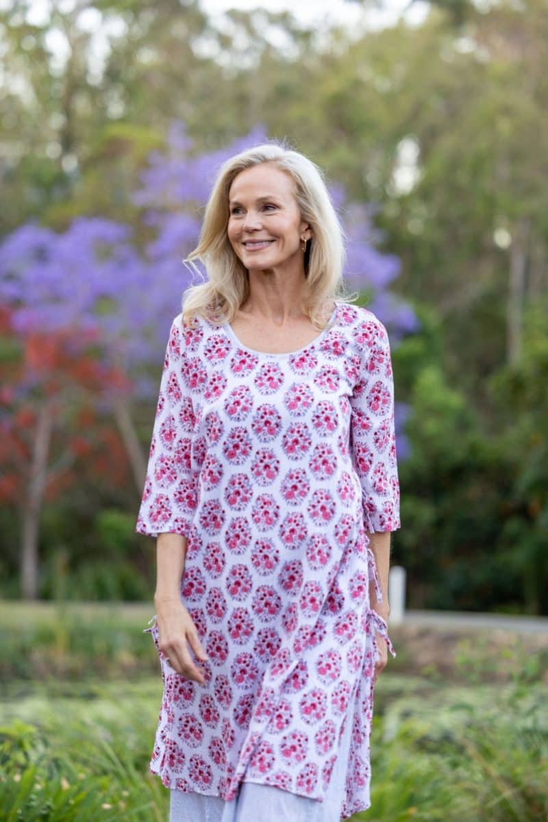 Womens, midi, Alakiki dress, sleeves, 100% Cotton, hand block print. In pink floral Parisa print.