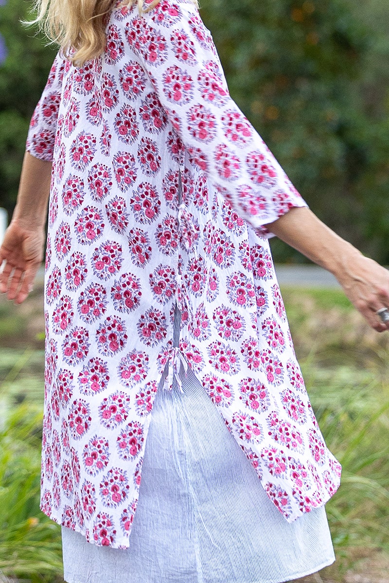 Womens, midi, Alakiki dress, sleeves, 100% Cotton, hand block print. In pink floral Parisa print.