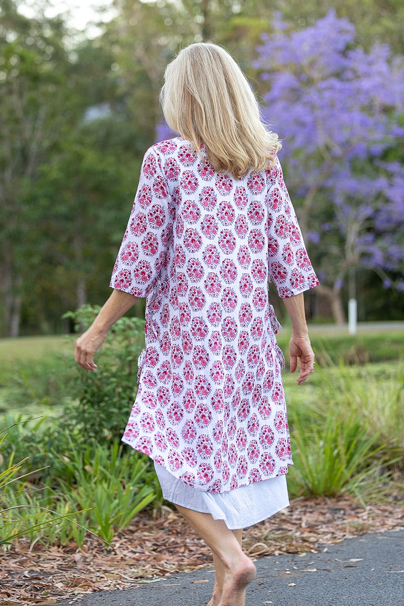 Womens, midi, Alakiki dress, sleeves, 100% Cotton, hand block print. In pink floral Parisa print.