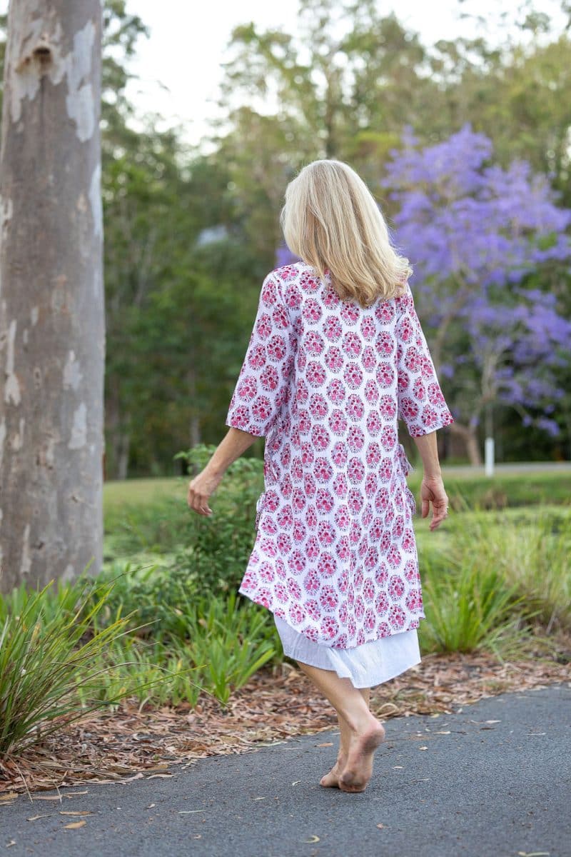 Womens, midi, Alakiki dress, sleeves, 100% Cotton, hand block print. In pink floral Parisa print.