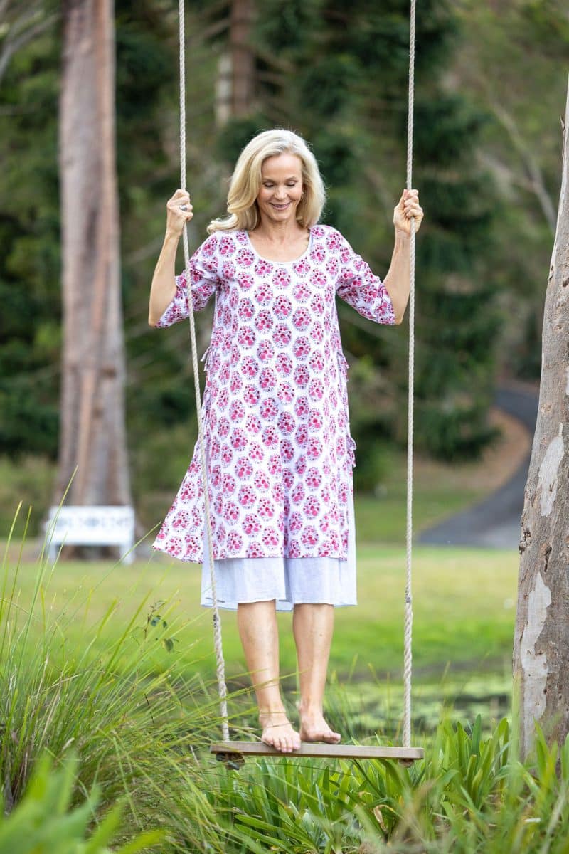 Womens, midi, Alakiki dress, sleeves, 100% Cotton, hand block print. In pink floral Parisa print.