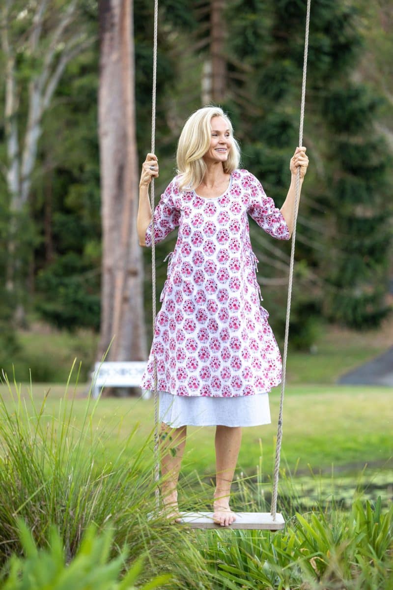 Womens, midi, Alakiki dress, sleeves, 100% Cotton, hand block print. In pink floral Parisa print.